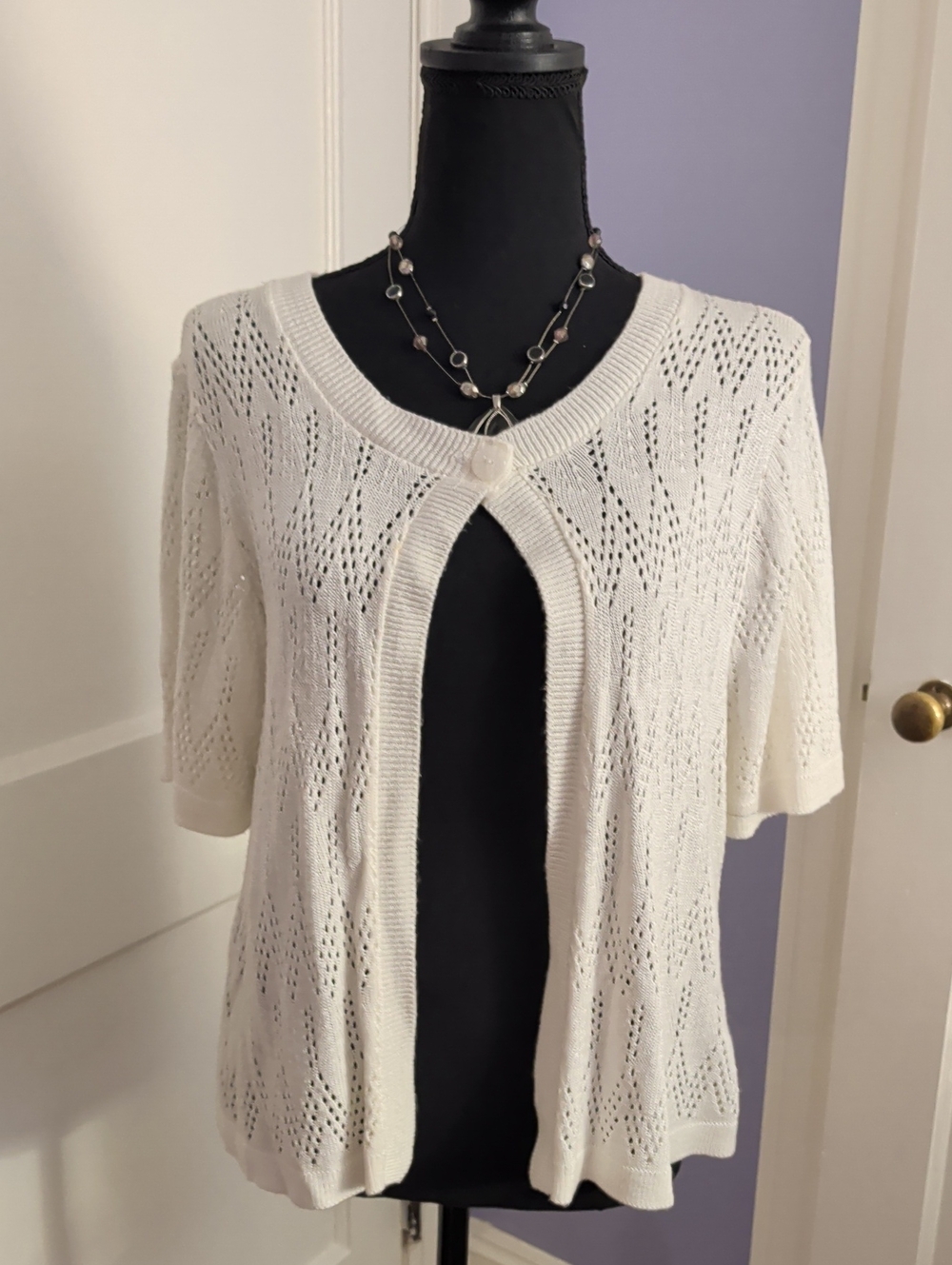 Basic Editions White Open-Knit Short Sleeve Cardigan with Single Button
